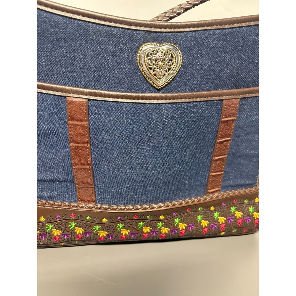 Marlo Blue Denim Leather Crossbody Bag Colorful Embroidered Heart Charm Brighton - Picture 2 of 16